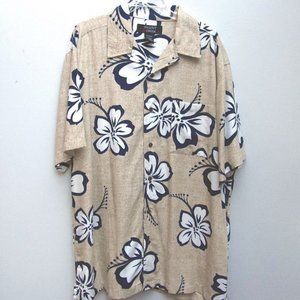 Mens Aloha Shirt Beige & Blue Hibiscus Rayon Walnut Creek Size 2XL EUC